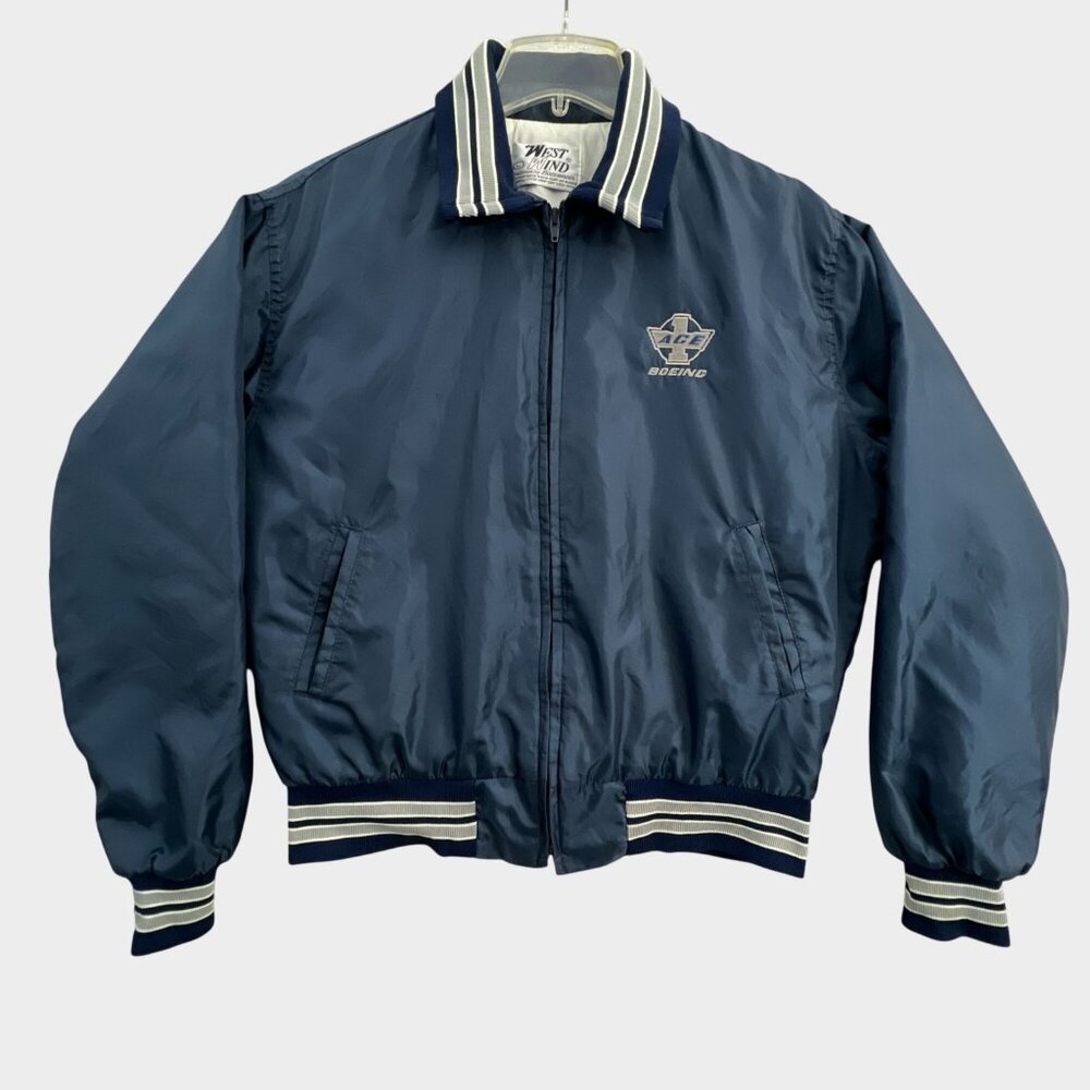 Vintage West Wind Boeing ACE Bomber Jacket Mens Large Blue Full Zip Quilt Lined